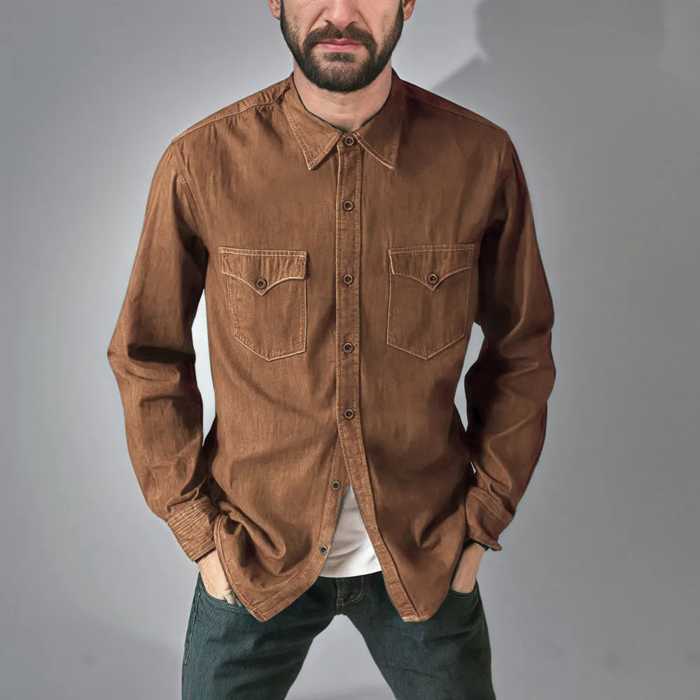A regular fit denim cardigan coat in a khaki colour on a model.