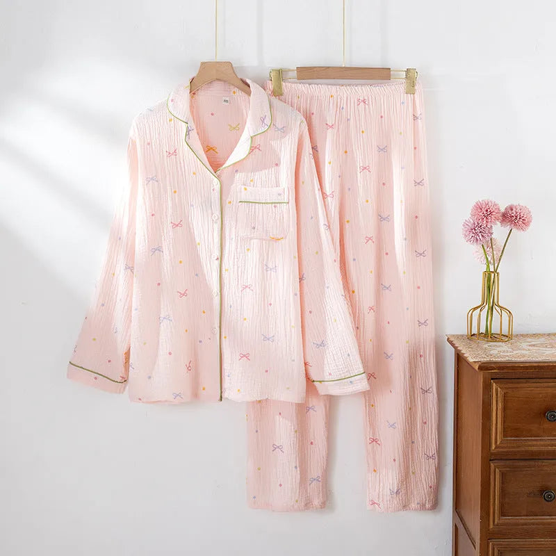 Women's long sleeve cotton pajamas set in pink and beige colour options