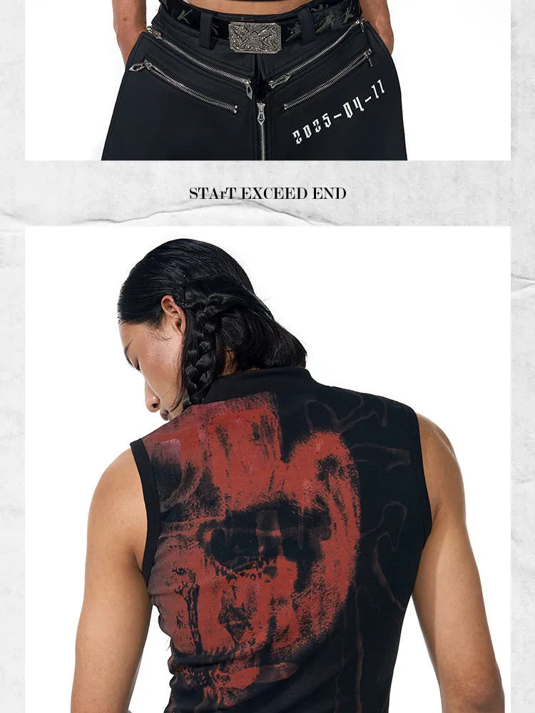 Black half turtleneck sleeveless t-shirt with character print and slim Korean style fit