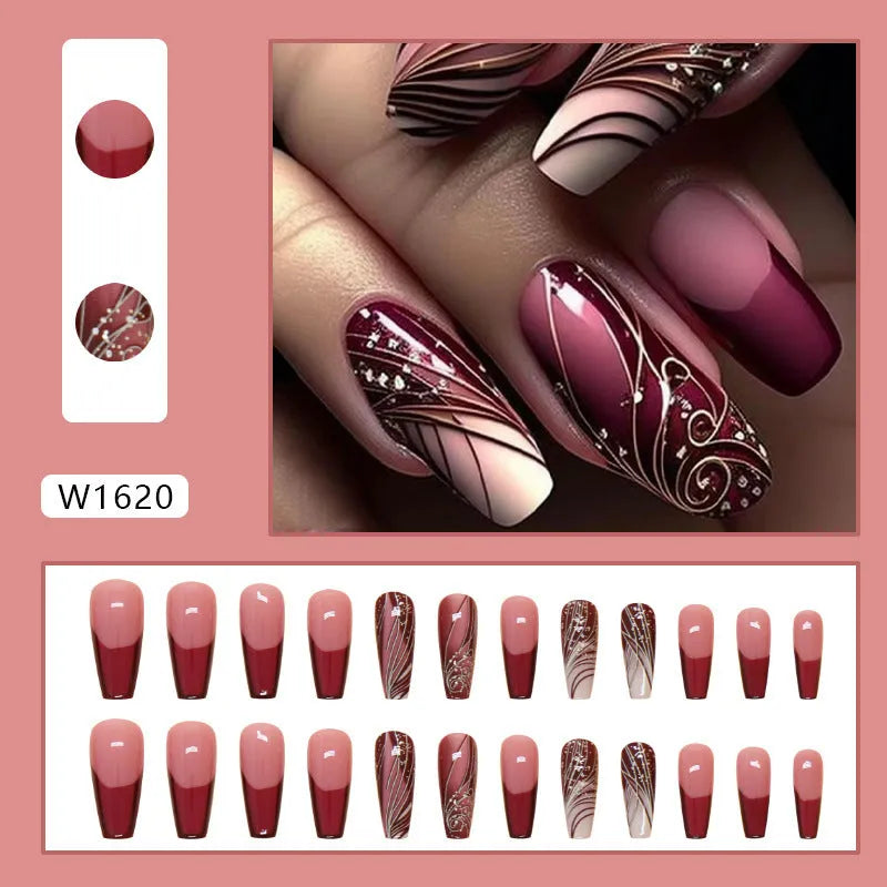 French line pattern fake nails with adhesive in 24-piece set