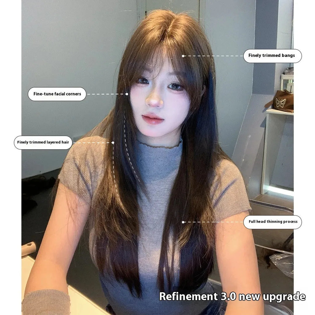 Women's layered long straight wig in cold brown colour with lace front design
