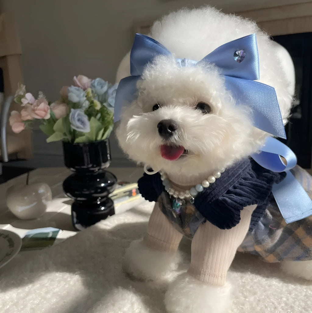 Adjustable princess style dog hair band with tension bow on polyester cotton ribbon
