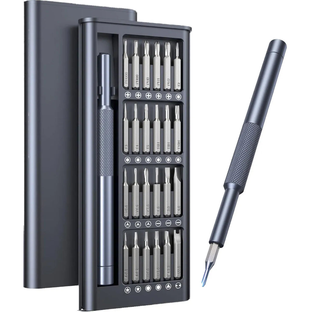 25-in-1 magnetic screwdriver set with chrome vanadium steel bits and black ABS handle.
