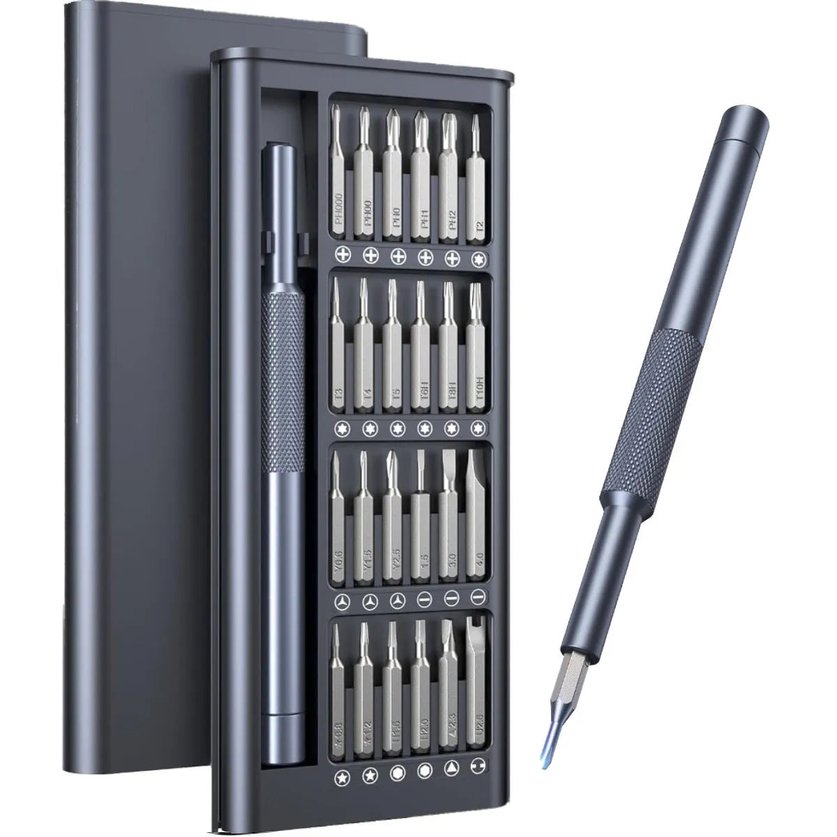 25-in-1 magnetic screwdriver set with chrome vanadium steel bits and black ABS handle.