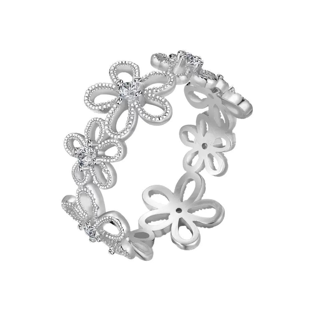 Copper lace hollow five petal flower ring for women with electroplated finish