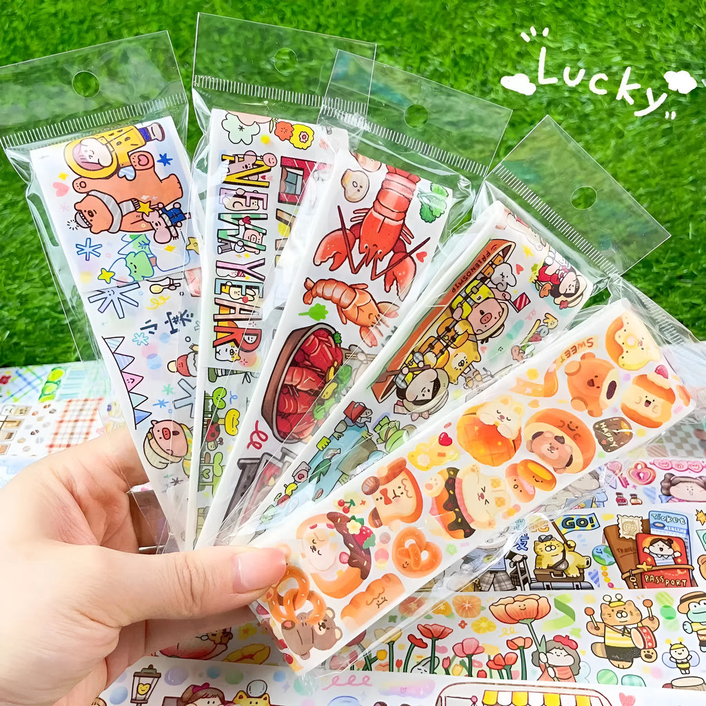 Sheet of cute cartoon character stickers printed on Japanese paper.