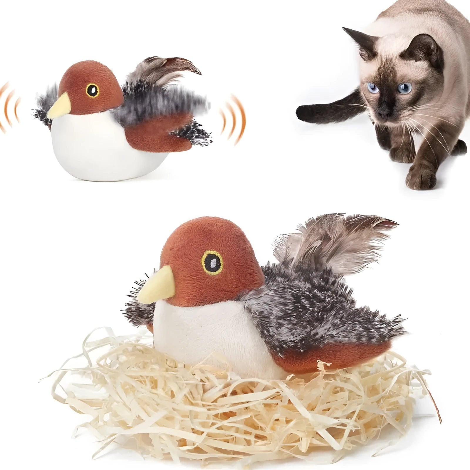 Interactive sounding plush cat toy with simulation bird and mouse electric molar design