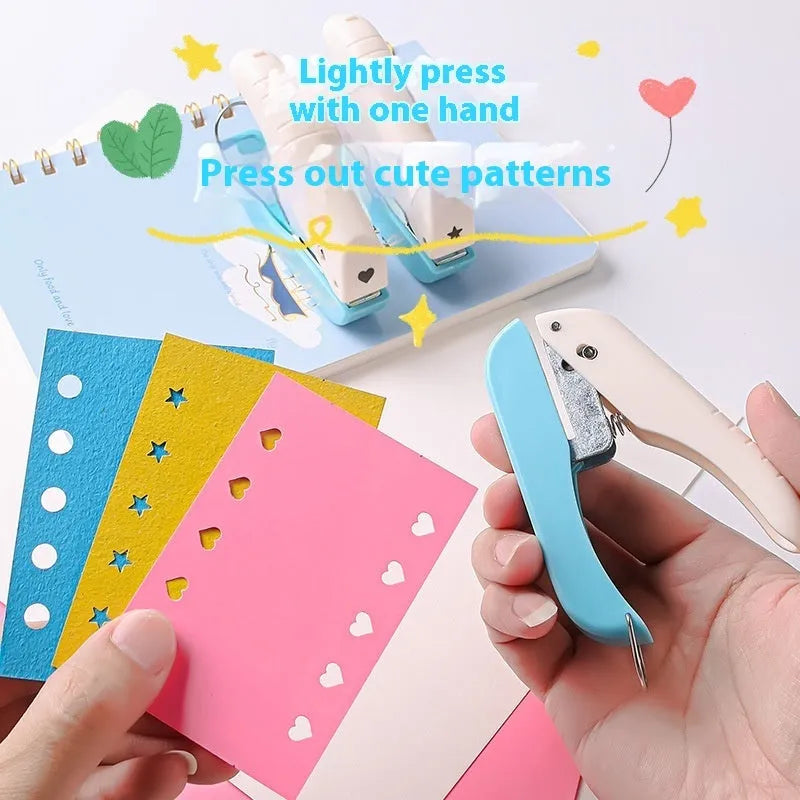 Small manual punching machine with embossed design and changeable dies for love, star, 4mm and 6mm round shapes.