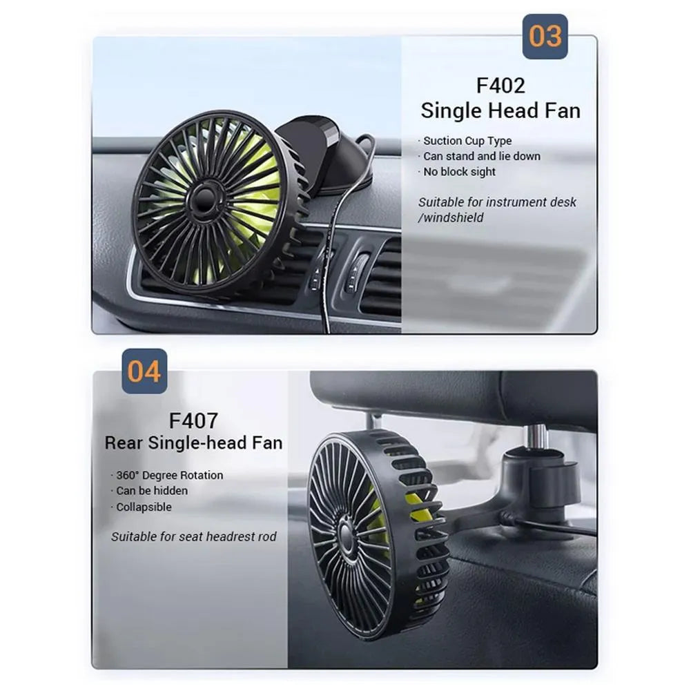 Black car mini electric fan with suction cup mounted on dashboard, 360 degree rotation, USB powered