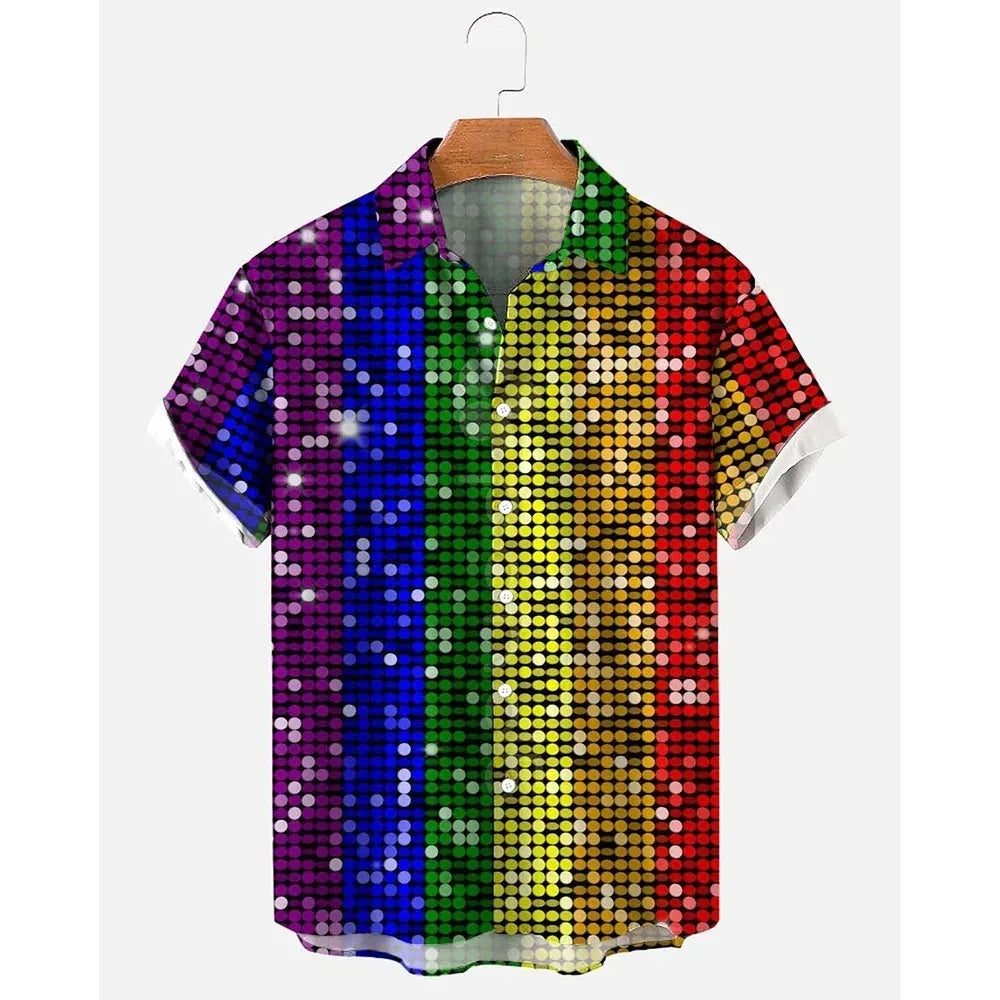 Men's stripe pattern Hawaiian shirt with button-up front and short sleeves in elastic polyester fabric