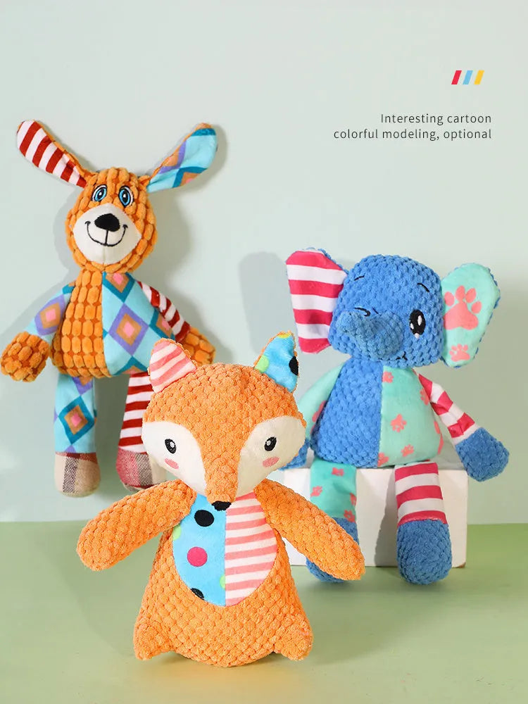 Plush dog squeaky toy with bite resistant fabric and collision colour pattern for small and large breeds