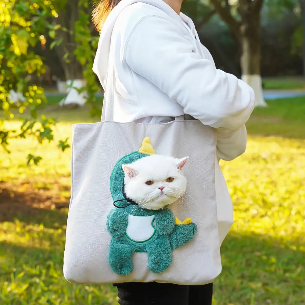 Canvas pet shoulder carrier bag with cartoon pattern for small dogs and cats