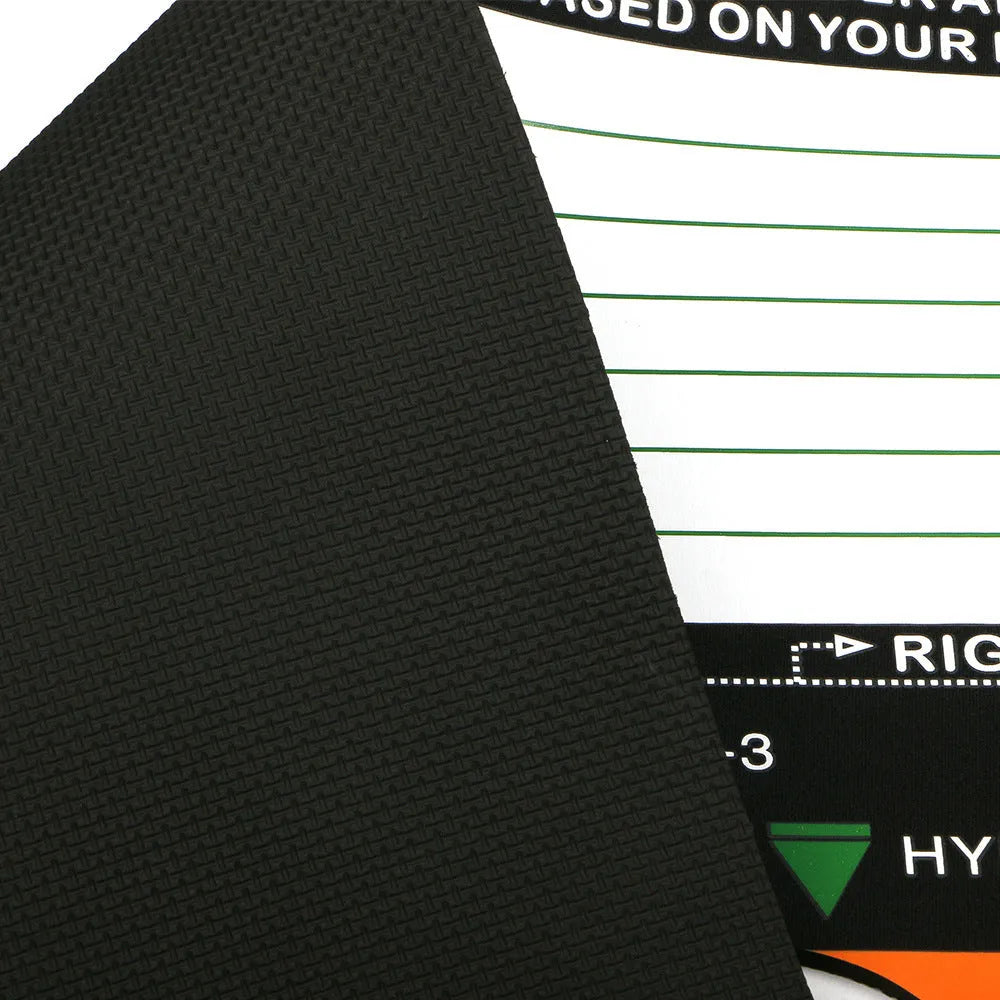 Black neoprene golf swing posture correction pad with alignment indicators for stance training