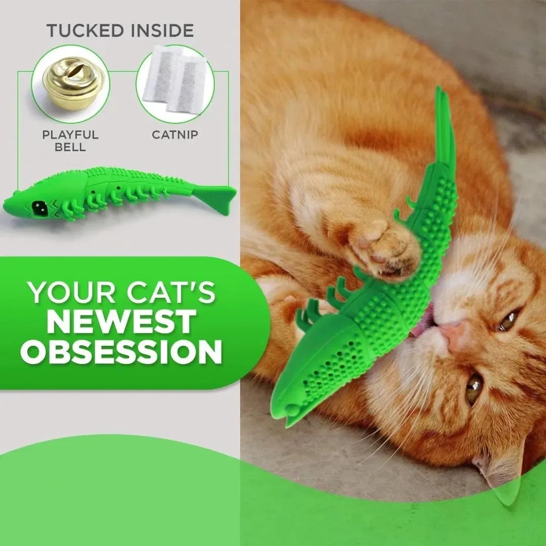Blue cat toy with rubber toothbrush design for dental cleaning during play