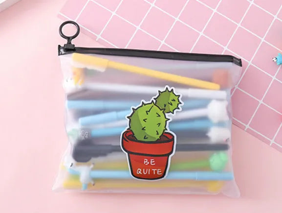Marvel cartoon pen set showing 20 black ink 0.5mm pens in plastic case with Cactus Boys and Girls designs