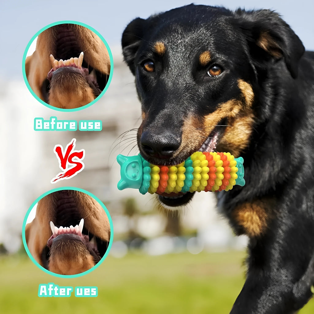Blue rubber caterpillar-shaped chew toy for dogs on a plain background.