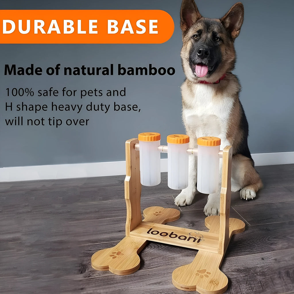 Wooden dog puzzle toy feeder with interactive compartments measuring 31x30x20cm