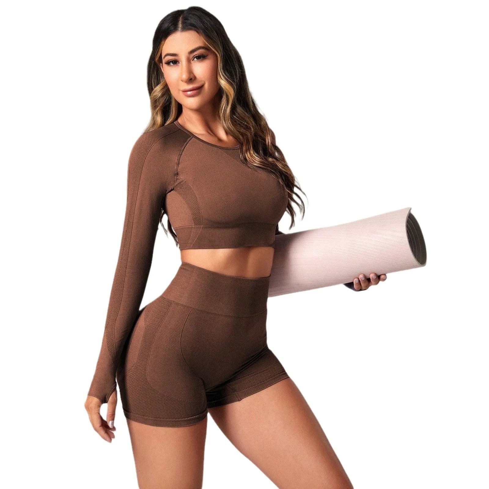 Women's yoga clothes suit set showing high waist leggings and long sleeve pullover top