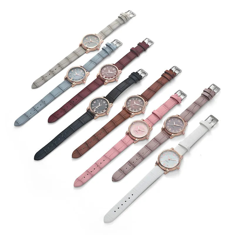 Women's two-tone dial belt quartz watch with alloy dial and imitation leather strap