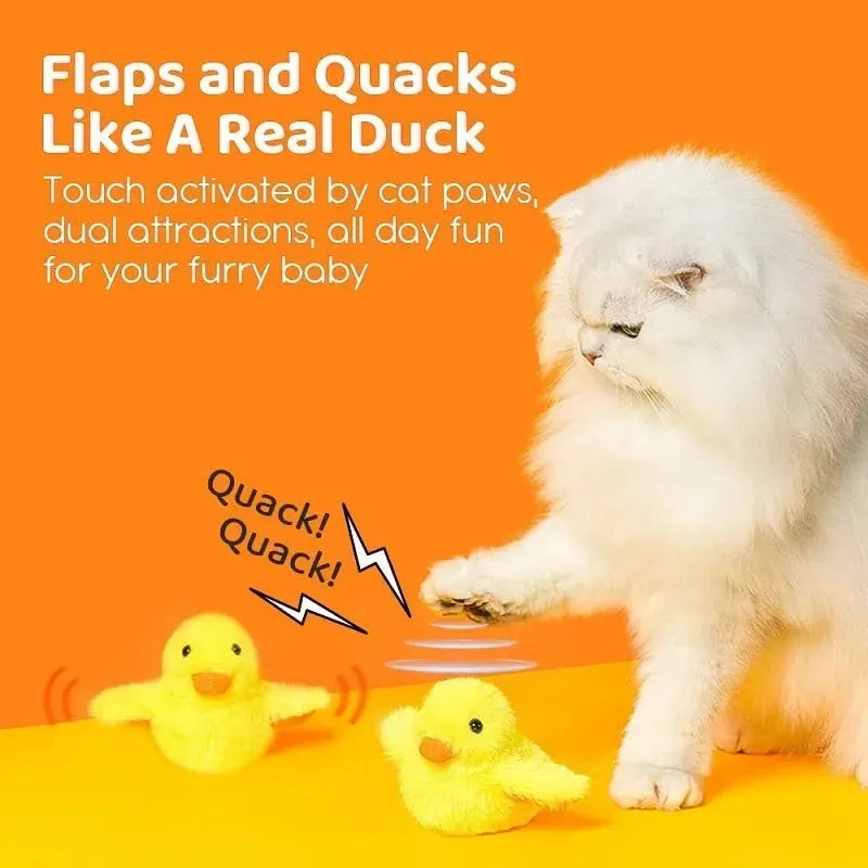 Yellow flapping duck interactive cat toy with motion sensor on a plain background.