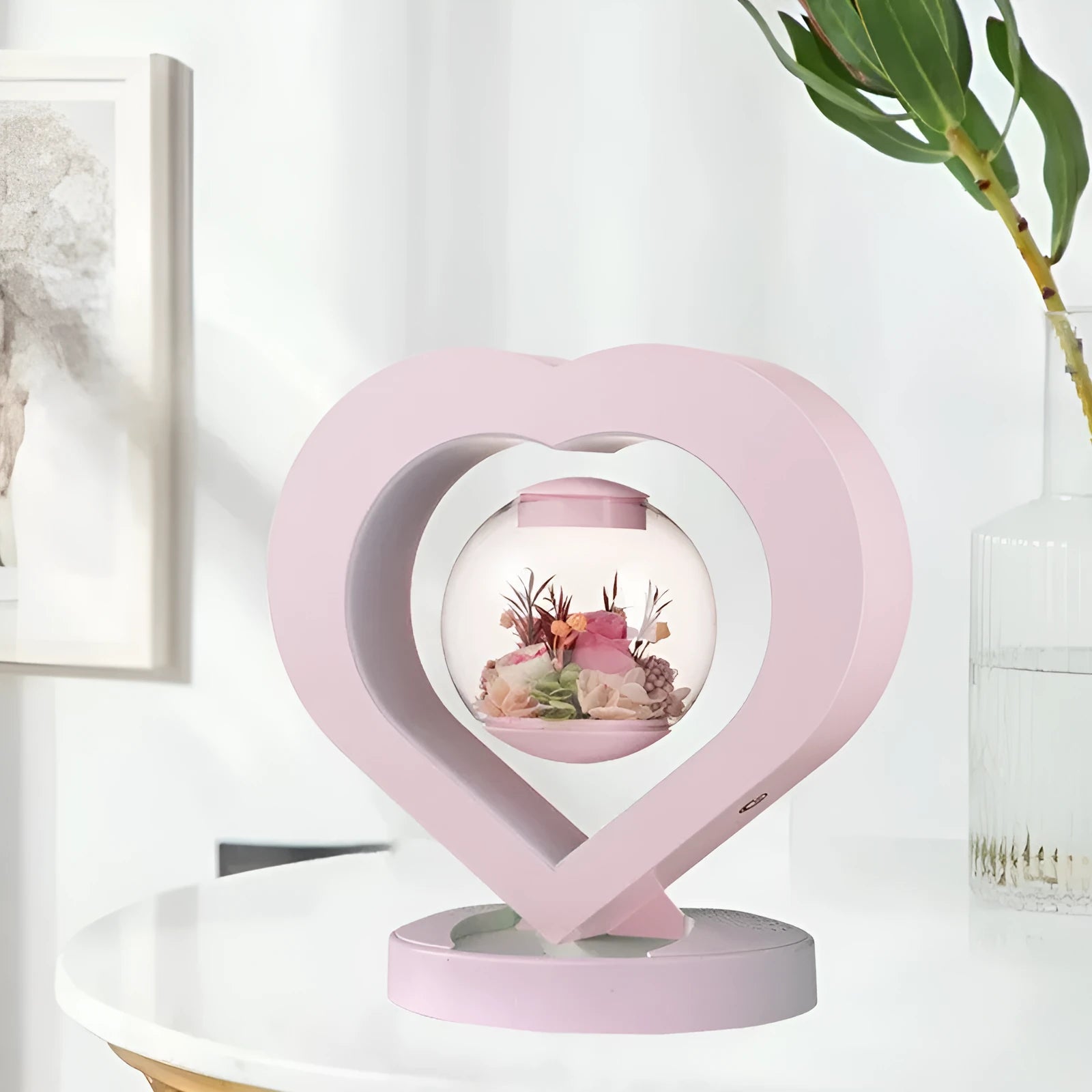 Pink preserved rose ornament with optional base and audio Bluetooth functionality for gift giving