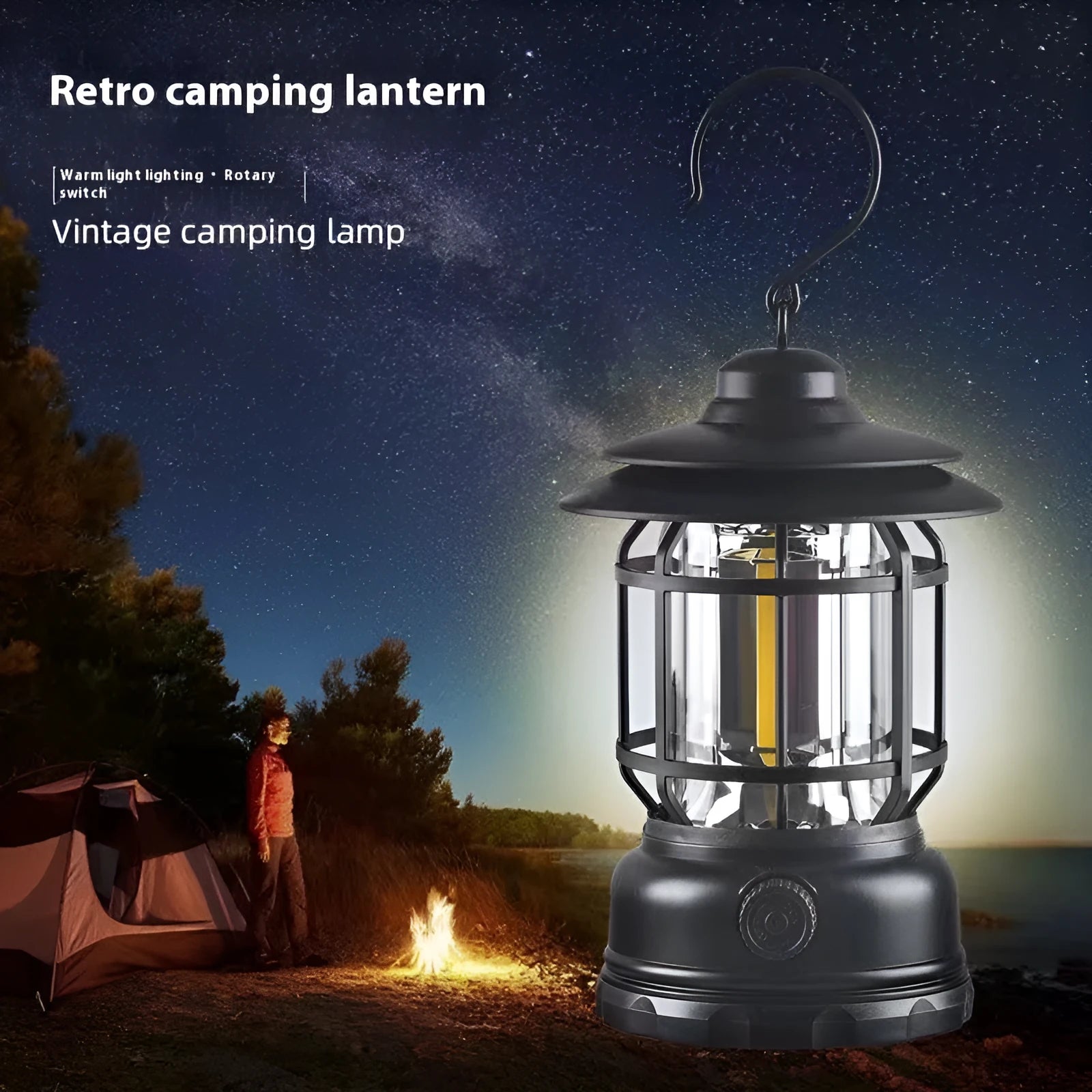 Dark green portable LED camping lantern with head strap, shown on a table with dimensions 16.6cm high.