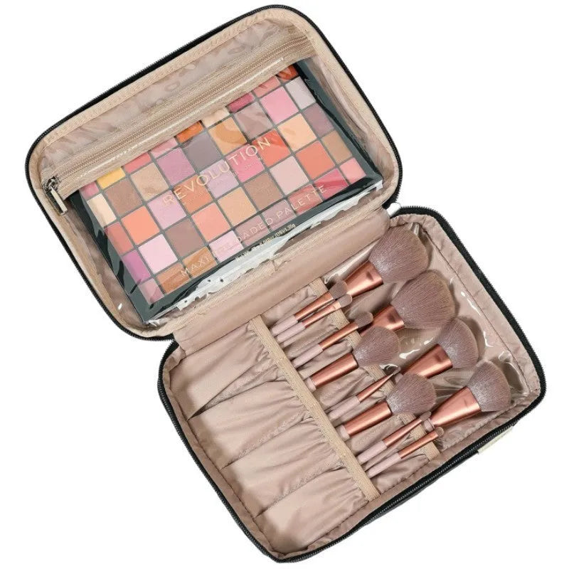 Portable double layer cosmetics bag in peach fabric leather with polyester lining, shown in black or pink