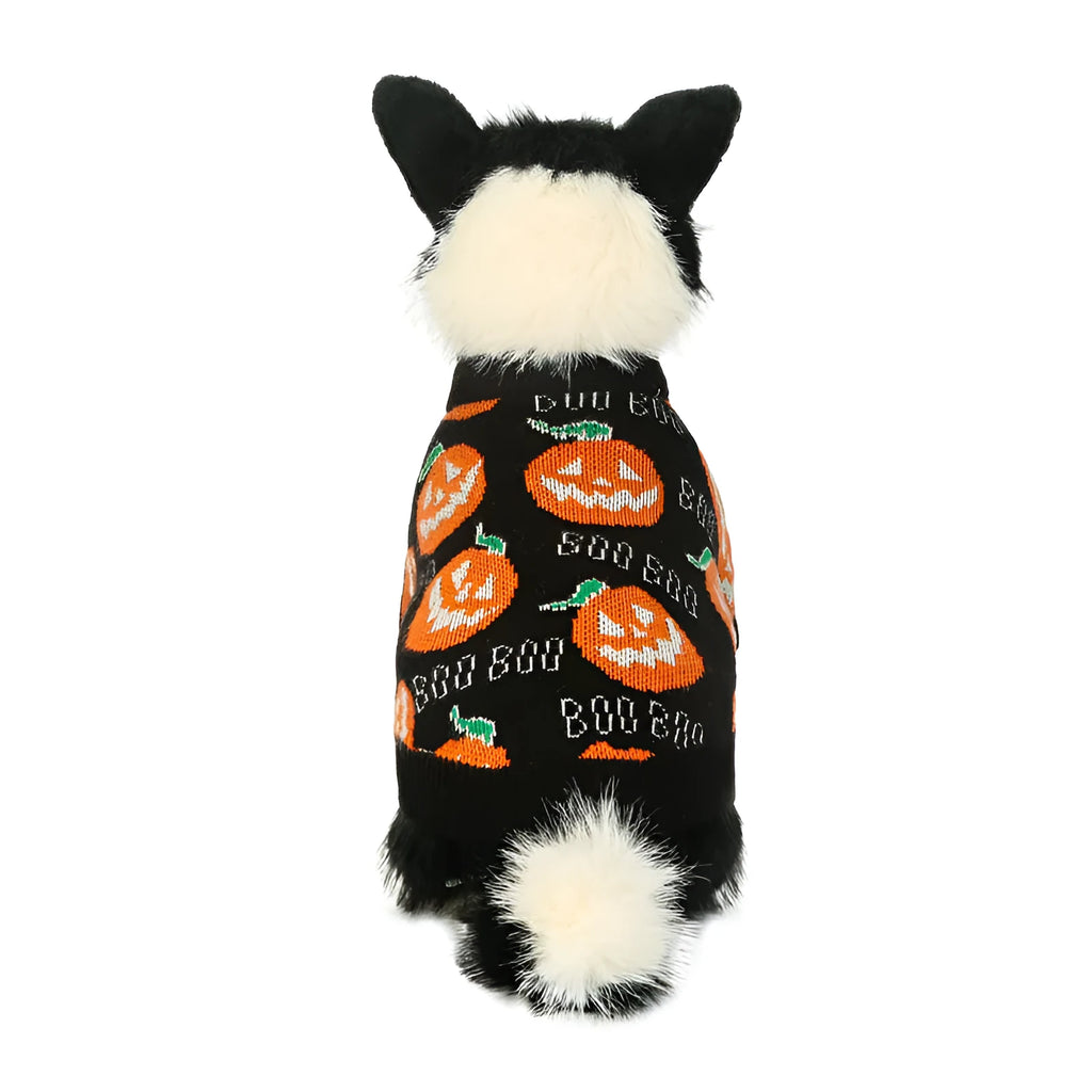 Black dog sweater with orange pumpkin pattern for Halloween pet clothing