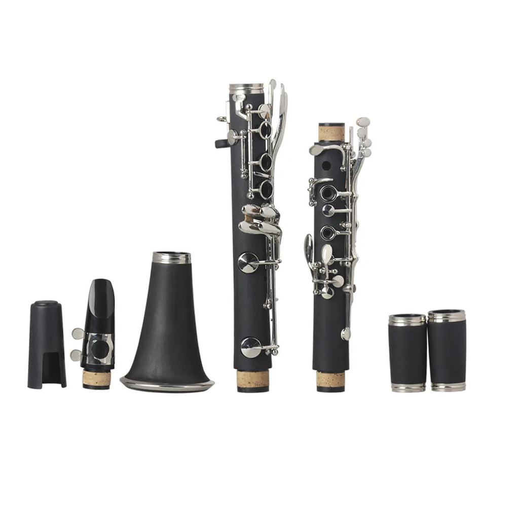Black Bakelite 17-key B-flat beginner clarinet with nickel-plated keys and a carry bag.