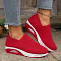 Slip-on casual women's shoes in beige with knitted upper, low top wedge heel, and round toe