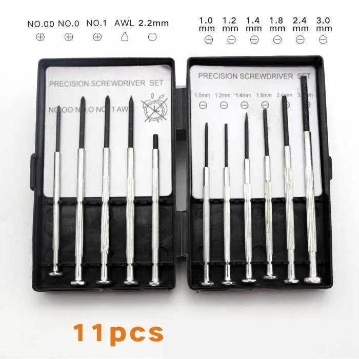 TH-6177 11-piece clock repair screwdriver set with cross and slotted bits on a work surface.