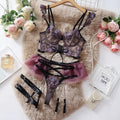 Women's light blue embroidered lace push-up bra set with transparent mesh detailing and matching pants