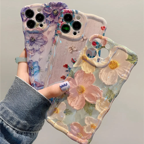 Advanced Art Oil Painting Flower Phone Case with twisted edge and blue light effect, compatible with iPhone models