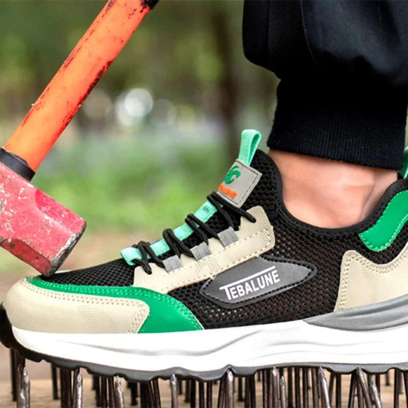 Black green low-cut safety shoes with mesh panels and plastic steel toe caps
