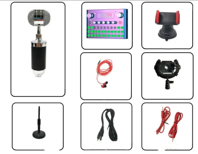 F007plus live broadcast sound card with condenser microphone and mounting bracket for mobile and computer streaming