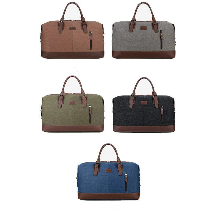 Canvas travel bag 56-75L large men's gym holdall 53x35x25cm with zip pockets and single strap in light grey, blue, black, brown or army green.