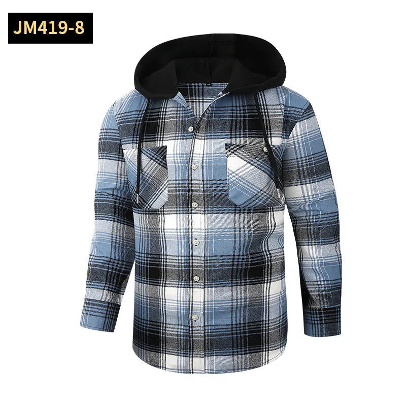 Loose fit casual flannel hooded plaid shirt in polyester with multiple colour options