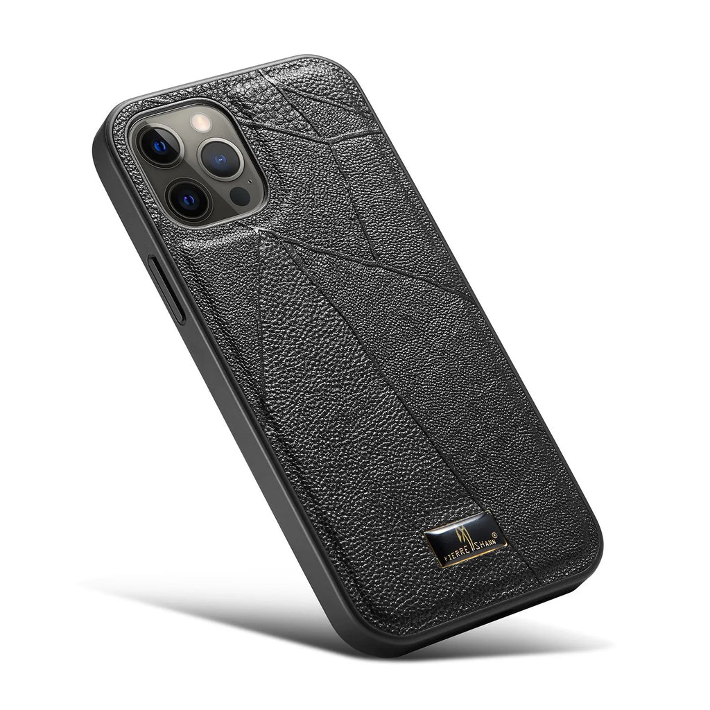 PU leather back cover phone case for Apple iPhone in black, handmade, simple business style.