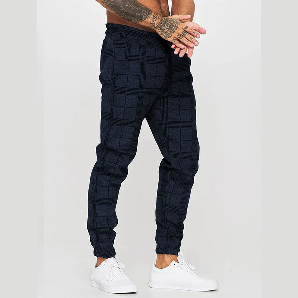 Cotton printed casual tapered trousers for men in black side view