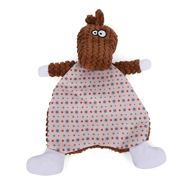 Brown velvet fox-shaped pet toy with sound element for interactive cat and dog play