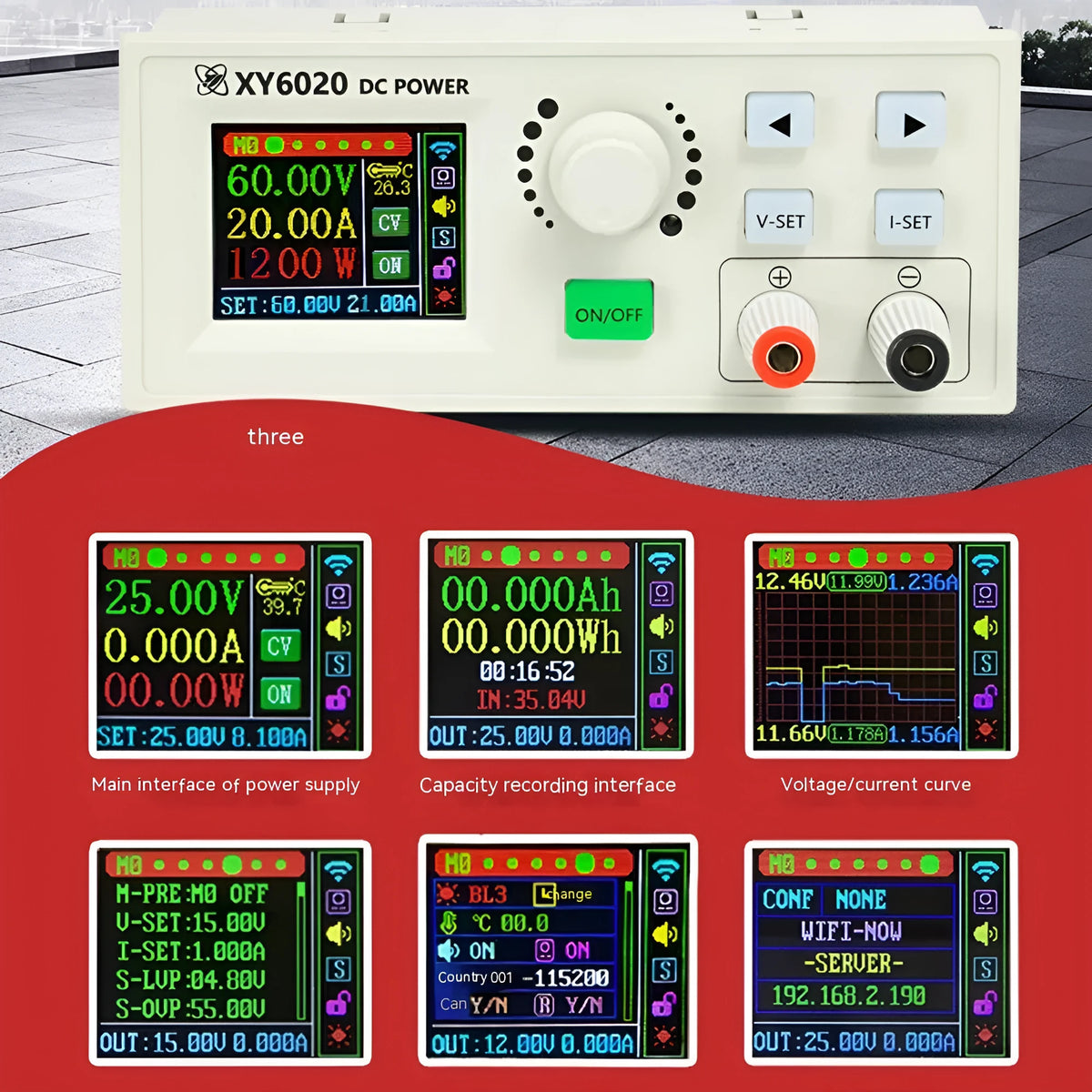CNC adjustable step-down module with 1200W power rating, 0-60V output, and WiFi option