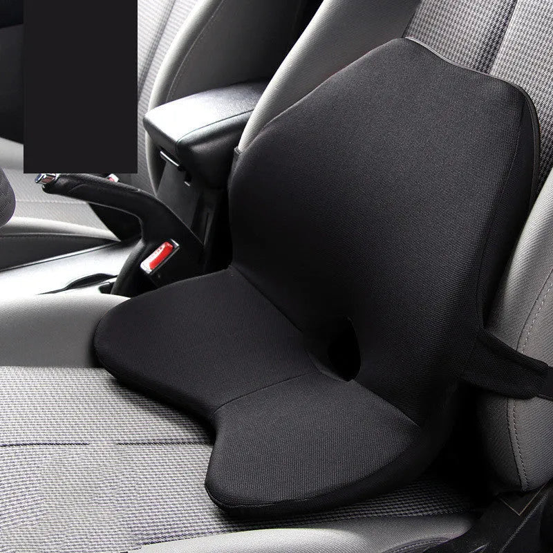 Car seat lumbar support cushion with memory foam, shown in beige colour on a car seat