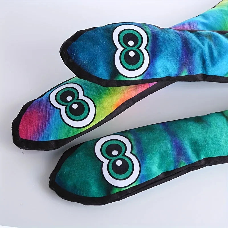 Snake-shaped plush dog squeaky toy with blue and green stripe prints