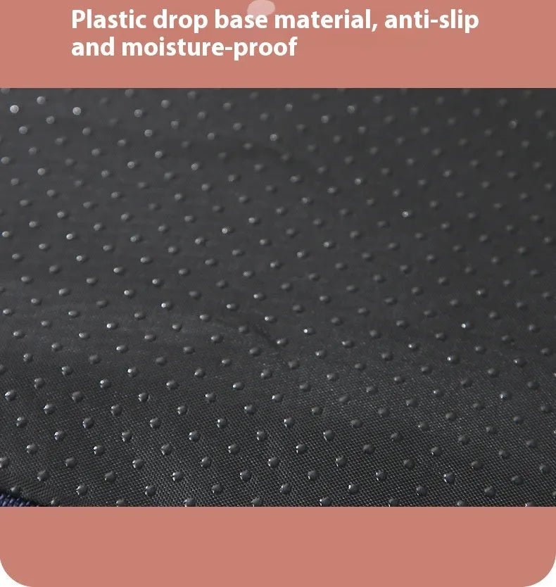 Brown removable cover memory foam dog mat showing size options on a wooden floor.