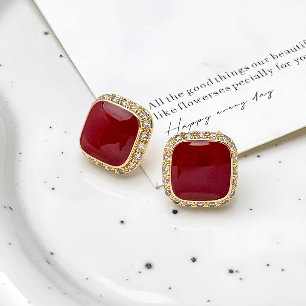 Red square geometric alloy earrings with retro design for women