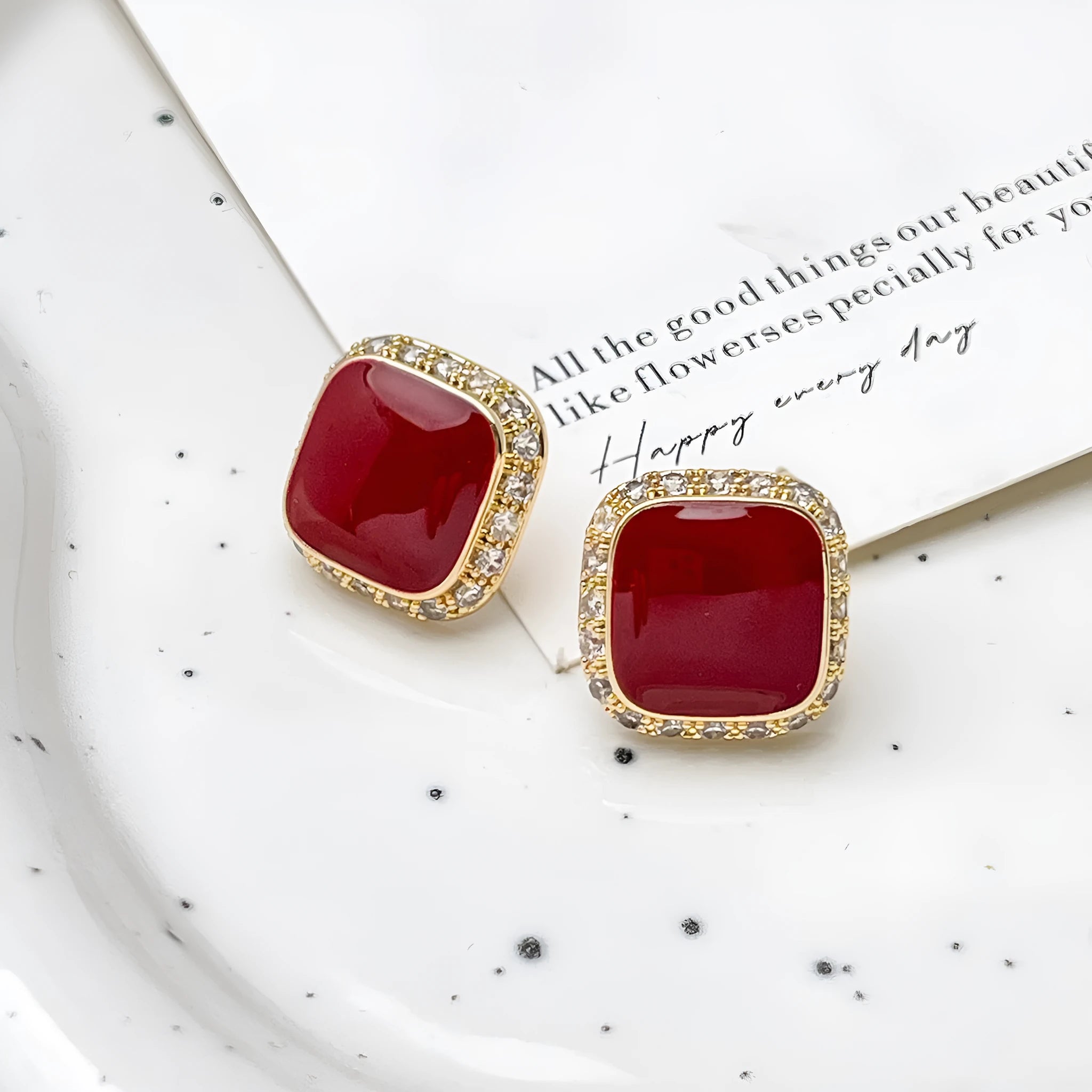 Red square geometric alloy earrings with retro design for women