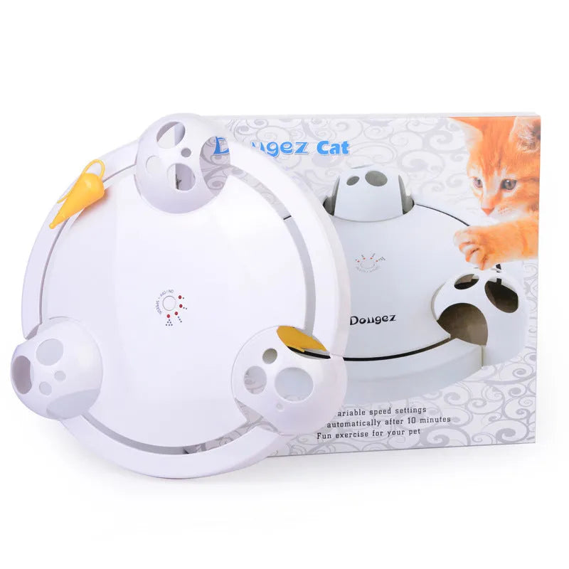 White electric cat turntable toy, 32cm diameter, with mouse-catching element on a flat floor
