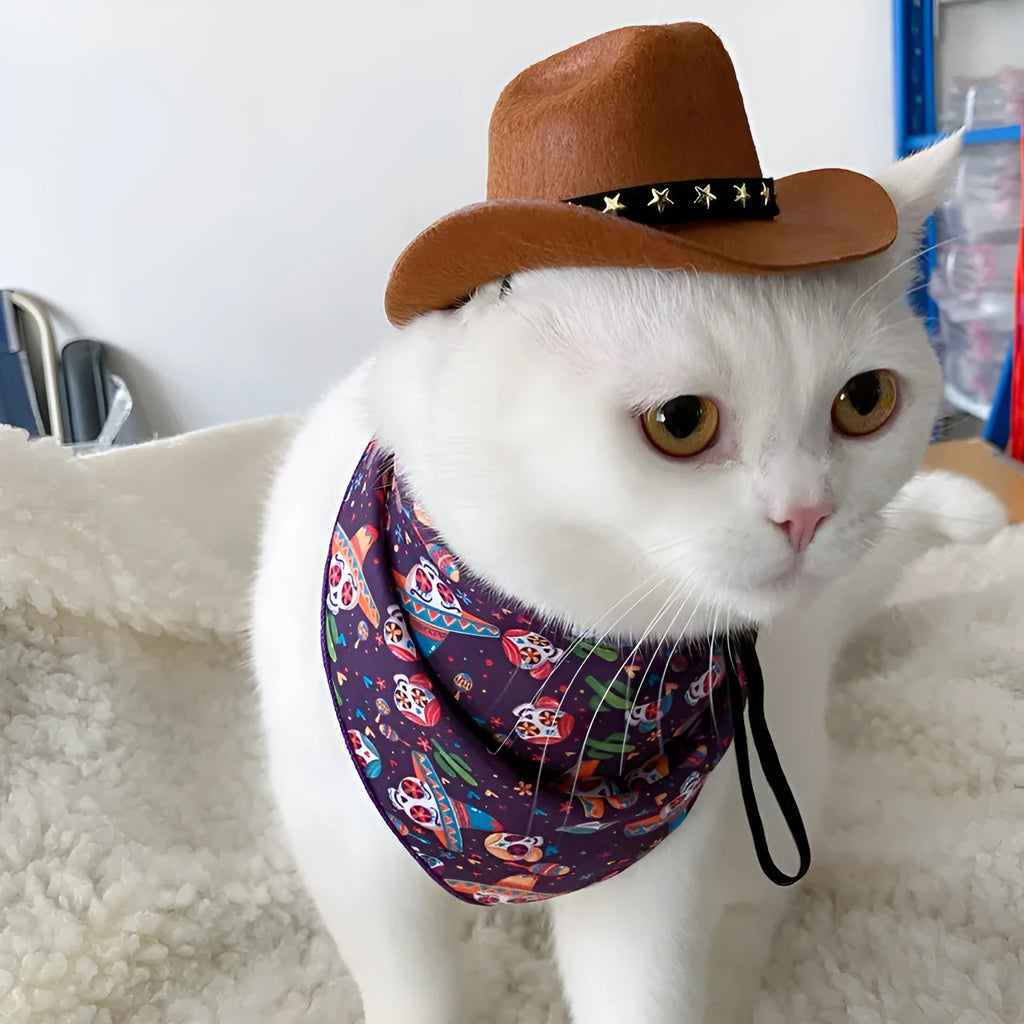 British-style cowboy hat for cats in non-woven fabric with decorative trim options