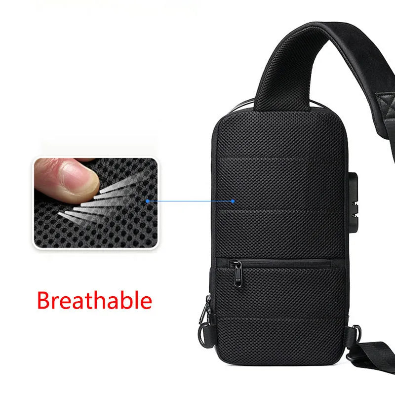 Black waterproof Oxford cloth crossbody bag with a shoulder strap, showing a USB port and multiple compartments.