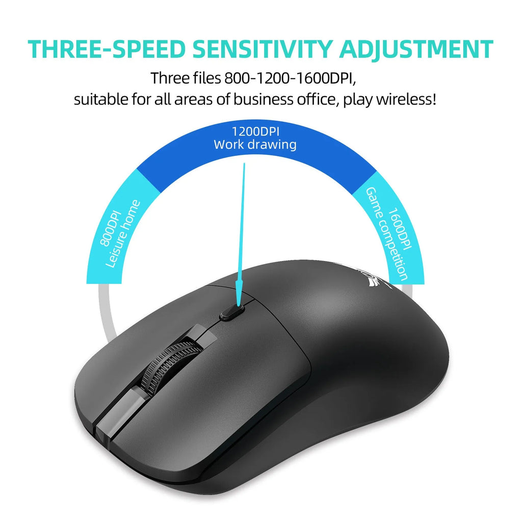 Black wireless computer mouse with three audio control buttons beside scroll wheel